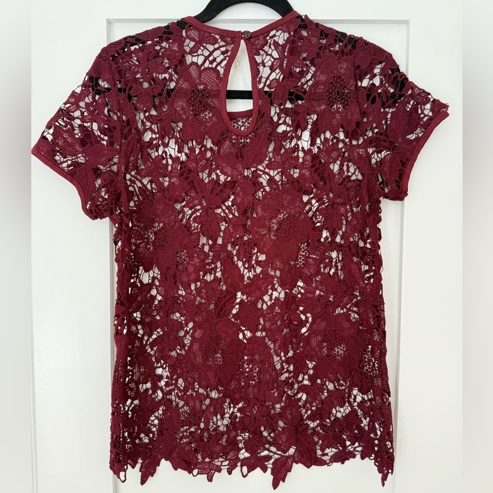 Burgundy Lace Top Sheer Floral Lace Romantic Night Out Size L - Picture 3 of 4